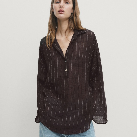 Massimo Dutti - 100% Linen Striped shirt - Deep Chocolate Brown - M - Picture 1 of 14